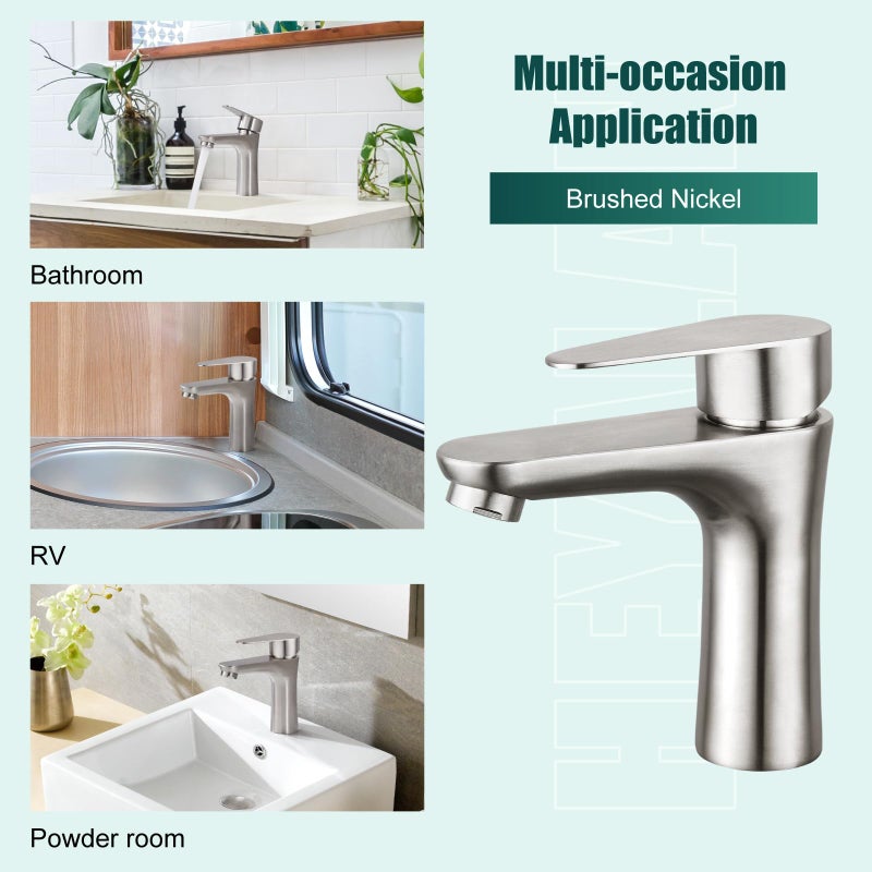 Heyalan Bathroom Faucet Single Handle 1 Hole SUS304 Stainless Steel Deck Mount Lavatory Single Switch Basin Sink Faucet Without Pop Up Drain and Cold Water Only Brushed Nickle - Image 5